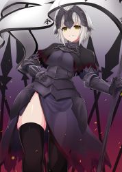 Rule 34 | 1girl, ahoge, armor, bad id, bad pixiv id, banner, black thighhighs, breasts, chain, fate/grand order, fate (series), flag, from below, gauntlets, gradient background, hair between eyes, hand on own hip, headpiece, highres, holding, holding flag, jeanne d&#039;arc (fate), jeanne d&#039;arc alter (avenger) (fate), jeanne d&#039;arc alter (fate), kuro mushi, large breasts, parted lips, skirt, smile, solo, standing, thighhighs, white hair, yellow eyes