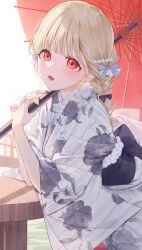 Rule 34 | 1girl, blonde hair, blush, braid, commentary request, hair ribbon, highres, holding, holding umbrella, japanese clothes, kimono, kinako (shiratama mochi), kogara toto, medium hair, oil-paper umbrella, open mouth, red eyes, ribbon, sitting, smile, solo, umbrella, upper body, virtual youtuber, vspo!, yukata