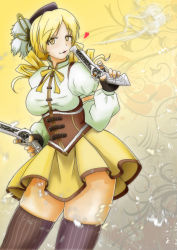 Rule 34 | 10s, 1girl, antique firearm, beret, black thighhighs, blonde hair, blowing, breasts, detached sleeves, drill hair, fingerless gloves, firearm, firelock, flintlock, gloves, gun, hair ornament, handgun, hat, heart, large breasts, long hair, magical girl, magical musket, mahou shoujo madoka magica, mahou shoujo madoka magica (anime), pinstripe pattern, puffy sleeves, skindentation, skirt, smile, solo, striped clothes, striped thighhighs, thighhighs, third love, tomoe mami, trigger discipline, twin drills, twintails, vertical-striped clothes, vertical-striped thighhighs, weapon, yellow eyes