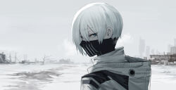 Rule 34 | 1girl, absurdres, blue eyes, cloud, cloudy sky, coat, day, from behind, grey hair, highres, hood, hood down, hooded coat, looking at viewer, looking back, mask, mouth mask, original, outdoors, ratatatat74, short hair, sky, snow, solo, tomboy, upper body, white coat, winter