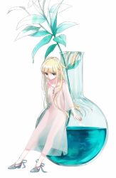 Rule 34 | 1girl, blonde hair, blue eyes, closed mouth, commentary request, dress, flask, flower, grey footwear, hami yura, highres, leaning on object, long hair, looking at viewer, mini person, minigirl, original, pink dress, see-through, shoes, simple background, solo, standing, water, white background