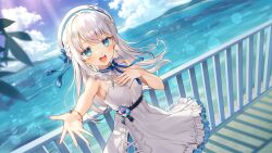 Rule 34 | 1girl, beret, blue eyes, breasts, day, dress, earrings, hat, highres, indie virtual youtuber, jewelry, kikugetsu, looking at viewer, nagino mashiro, neck ribbon, ocean, official art, open mouth, outdoors, railing, reaching, reaching towards viewer, ribbon, sleeveless, sleeveless dress, small breasts, solo, standing, virtual youtuber, white hair, white hat