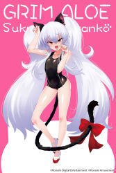 1girl :d alternate_costume animal_ears artist_request black_one-piece_swimsuit bombergirl bow breasts cat_ears cat_tail character_name commentary_request copyright_notice fang full_body grim_aloe hair_between_eyes highres kemonomimi_mode long_hair official_art one-piece_swimsuit open_mouth paw_pose pink_background red_bow red_eyes second-party_source shiny_skin shoes small_breasts smile solo swimsuit tail tail_bow tail_ornament twintails uwabaki very_long_hair white_footwear white_hair