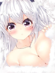 Rule 34 | 1girl, :&lt;, animal ear fluff, animal ears, bare shoulders, blush, bow, breasts, cat ears, cleavage, closed mouth, collarbone, commentary request, dutch angle, hair between eyes, hair bow, heart, heart-shaped pupils, highres, jewelry, large breasts, looking at viewer, ooji cha, original, oziko (ooji cha), pendant, purple eyes, solo, symbol-shaped pupils, upper body, white bow, white hair
