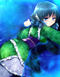 Rule 34 | 1girl, animal ears, anmiko, blue eyes, blue hair, breasts, fins, head fins, japanese clothes, kimono, long sleeves, lying, matching hair/eyes, mermaid, monster girl, obi, on stomach, open mouth, partially submerged, sash, short hair, solo, touhou, wakasagihime, water, wide sleeves