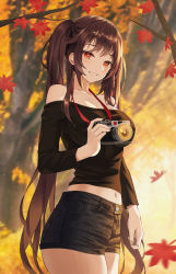 Rule 34 | 1girl, absurdres, alternate costume, ass, autumn, autumn leaves, bare shoulders, black shirt, blurry, breasts, brown hair, camera, casual, cleavage, commentary request, contemporary, cowboy shot, depth of field, falling leaves, flower-shaped pupils, genshin impact, highres, holding, holding camera, hu tao (genshin impact), hyonee, leaf, lens flare, lens flare abuse, long hair, long sleeves, looking at viewer, maple leaf, medium breasts, midriff, navel, off-shoulder shirt, off shoulder, red eyes, shirt, short shorts, shorts, smile, solo, symbol-shaped pupils, thighs, twintails