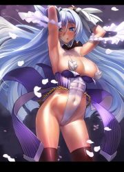 Rule 34 | 1girl, arms up, black thighhighs, blue eyes, blue hair, blush, breasts, cameltoe, chain, cleavage, cleft of venus, covered navel, female focus, fingerless gloves, flower knight girl, gloves, gradient background, highleg, highleg leotard, jpeg artifacts, large breasts, leotard, letterboxed, long hair, looking at viewer, matching hair/eyes, open mouth, petals, pinstripe pattern, revealing clothes, sasayuki, solo, southern cross (flower knight girl), striped, teeth, thighhighs, thong, very long hair