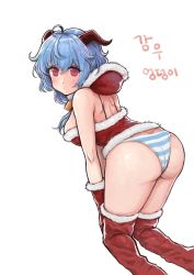 Rule 34 | 1girl, absurdres, ass, bare shoulders, blue hair, blush, boots, breasts, butt crack, christmas, cowbell, from behind, ganyu (genshin impact), genshin impact, gloves, hat, highres, horns, huge ass, kneeling, large breasts, long hair, looking at viewer, panties, purple eyes, santa costume, santa hat, shiny skin, sideboob, solo, striped clothes, striped panties, thigh boots, thighhighs, underwear, yos@ke