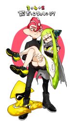 Rule 34 | 1boy, 1girl, agent 3 (splatoon), agent 8 (splatoon), ankle boots, anklet, bike shorts, black footwear, black jacket, black pants, black shorts, blunt bangs, blush, boots, brown eyes, cape, dated, green hair, grey cape, half-closed eyes, hands together, hat, headgear, inkling, inkling girl, inkling player character, jacket, jewelry, leather, leather jacket, leather pants, light frown, long hair, long sleeves, nintendo, octoling, octoling boy, octoling player character, pants, red hat, role reversal, short hair, shorts, splatoon (series), splatoon 2, splatoon 2: octo expansion, squid, squidbeak splatoon, standing, tentacle hair, translation request, v-shaped eyebrows, vest, yellow vest, yeneny