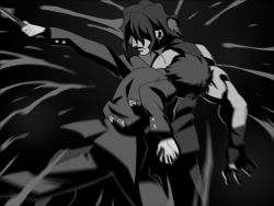 Rule 34 | 00s, 2boys, bare shoulders, black background, blood, clenched hands, closed mouth, from behind, gakuran, game cg, greyscale, holding, holding weapon, kishima kouma, knife, long sleeves, melty blood, monochrome, motion blur, multiple boys, muscular, nanaya shiki, official art, outstretched arm, pants, school uniform, shaded face, simple background, takeuchi takashi, tsukihime, type-moon, weapon