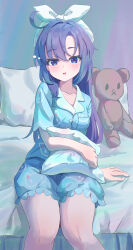 1girl absurdres blue_archive blue_eyes blue_hair blue_pajamas blue_shirt blue_shorts blush breasts commentary_request feet_out_of_frame highres holding holding_pillow incredibly_absurdres indoors long_hair looking_at_viewer medium_breasts mixjuice official_alternate_costume open_mouth pajamas pillow shirt shorts sitting solo stuffed_animal stuffed_toy teddy_bear yuuka_(blue_archive) yuuka_(pajamas)_(blue_archive)