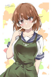 Rule 34 | 1girl, apron, artist name, bandaid, bandaid on face, blue sailor collar, blush, breasts, brown eyes, brown hair, collarbone, dated, gakky, gradient background, highres, kantai collection, looking at viewer, medium breasts, oboro (kancolle), sailor collar, school uniform, serafuku, shirt, short hair, short sleeves, signature, skirt, smile, solo, upper body, white background, white shirt