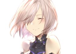 Rule 34 | 1girl, bare shoulders, blush, closed mouth, closed eyes, fate/grand order, fate (series), hair over one eye, mash kyrielight, mirei kh13, short hair, silver hair, simple background, smile, solo, upper body, white background