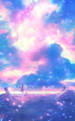 Rule 34 | 1girl, black hair, capelet, cat, cloud, cloudy sky, colorful, commentary, dress, fantasy, field, from behind, grass, highres, light particles, original, rock, sakimori (hououbds), scenery, short hair, sky, solo, wind