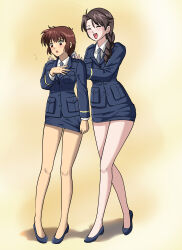 2girls absurdres blue_footwear blue_jacket blue_necktie braid brown_hair chinese_commentary closed_eyes commentary_request full_body gradient_background hands_on_another&#039;s_back high_heels highres jacket legs long_sleeves miniskirt multiple_girls necktie open_mouth original police police_uniform policewoman pumps pushing red_eyes shirt short_hair single_braid skirt white_shirt xfqn yellow_background