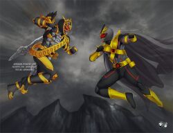 2boys antennae arm_guards armor battle belt black_armor black_bodysuit black_footwear black_gloves bodysuit boom!_studios boots cape clenched_hands clock color_connection commentary commission compound_eyes crossover faceless faceless_male fighting genre_connection gloves gold_armor gold_trim helmet horns imminent_fight jadenkaiba kamen_rider kamen_rider_zi-o_(series) lord_drakkon male_focus mighty_morphin_power_rangers multiple_boys ouma_zi-o power_connection power_rangers power_rangers_shattered_grid red_eyes rider_belt rider_watch shoulder_armor tokusatsu trait_connection watermark web_address