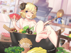 Rule 34 | ahoge, barefoot, blonde hair, blurry, blurry background, blurry foreground, blush, bowl, breasts, broccoli, cleavage, collarbone, convenient censoring, corn, curled horns, demon girl, demon horns, feet, food, foot focus, foreshortening, hair flaps, hair ornament, hairclip, hand fan, hands up, highres, holding, holding fan, hololive, horns, in food, indoors, kitchen, knees up, ladle, large breasts, looking at viewer, mushroom, naughty face, nude, one eye closed, open mouth, pot, purple eyes, qianduan mozhi, raised eyebrow, short hair, smile, soles, solo, tsunomaki watame, vegetable, virtual youtuber