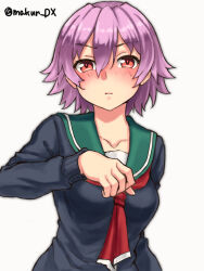 Rule 34 | 1girl, black sweater, green sailor collar, highres, kantai collection, looking at viewer, maakun (makun dx), neckerchief, official alternate costume, one-hour drawing challenge, pink hair, red eyes, red neckerchief, sailor collar, school uniform, serafuku, short hair, simple background, solo, sweater, tama (kancolle), twitter username, upper body, white background