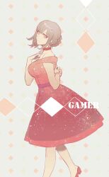 Rule 34 | 1girl, arm behind back, bare shoulders, bowknot huhu, braid, breasts, brown hair, danganronpa (series), danganronpa 10th anniversary costume, danganronpa 2: goodbye despair, dress, foot out of frame, from side, galaga, hair ornament, hand up, highres, large breasts, multicolored background, nanami chiaki, official alternate costume, pink eyes, red dress, red footwear, shoes, short hair, smile, solo