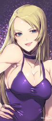 Rule 34 | 1girl, bare shoulders, blonde hair, blue eyes, breasts, choker, cleavage, dress, fatal fury, garou: mark of the wolves, hand on own hip, highres, jenet behrn, long hair, looking at viewer, medium breasts, murata tefu, open mouth, parted bangs, purple dress, smile, snk, solo, the king of fighters, upper body