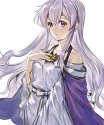 Rule 34 | 1girl, abinosu0903, bare shoulders, breasts, closed mouth, fire emblem, fire emblem: genealogy of the holy war, hand on own chest, highres, julia (fire emblem), lavender dress, looking at viewer, medium breasts, nintendo, purple eyes, purple hair, upper body
