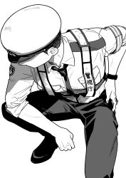 Rule 34 | 1boy, absurdres, arm on knee, armband, black necktie, black pants, collared shirt, covered eyes, from above, greyscale, hand on own hip, hat, head down, highres, kamenreon1213, leaning forward, male focus, monochrome, necktie, original, pants, police, police hat, police uniform, shirt, short hair, simple background, sleeves rolled up, solo, squatting, uniform, watch, white shirt, wristwatch