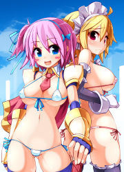 Rule 34 | 2girls, :d, ass, beach, between breasts, bikini, blonde hair, blue eyes, blush, blush stickers, breasts, fingerless gloves, front-tie top, gloves, highres, large breasts, looking back, maid, maid headdress, micro bikini, multiple girls, navel, necktie, ooyama kina, open mouth, original, pink hair, red eyes, side-tie bikini bottom, smile, string bikini, swimsuit, thighhighs, wavy mouth