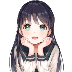 Rule 34 | 1girl, black hair, blue sailor collar, blush, commentary request, green eyes, green neckerchief, head in hand, head rest, highres, long hair, long sleeves, looking at viewer, neckerchief, open mouth, original, sailor collar, school uniform, serafuku, simple background, sleeve cuffs, solo, teeth, upper body, upper teeth only, utaka (anyoanyot), very long hair, white background