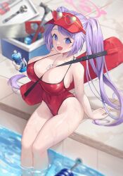 Rule 34 | 1girl, :d, absurdres, bare shoulders, blue archive, blue eyes, blush, bottle, breasts, cleavage, collarbone, commentary request, cooler, covered navel, day, elanphant, eyewear on head, hair between eyes, hair ornament, hammer, hanae (blue archive), hand saw, highres, holding, holding bottle, large breasts, lifeguard, long hair, looking at viewer, one-piece swimsuit, open mouth, outdoors, pool, poolside, purple hair, red one-piece swimsuit, saw, sitting, smile, soaking feet, solo, sunglasses, swimsuit, thighs, twintails, very long hair, visor cap, water, wet, whistle, whistle around neck