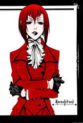 Rule 34 | 00s, 1girl, angelina durless, black eyes, black gloves, bob cut, ascot, crossed arms, formal, gloves, highres, kuroshitsuji, lipstick, madam red, makeup, official art, parted lips, red hair, short hair, solo