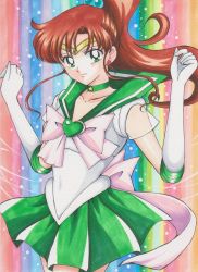 Rule 34 | 1girl, bishoujo senshi sailor moon, blush, bow, brown hair, choker, closed mouth, collarbone, earrings, female focus, floating hair, flower, flower earrings, gloves, green eyes, green skirt, hair bobbles, hair ornament, hands up, heart, highres, jewelry, kino makoto, lips, long hair, looking at viewer, magical girl, multicolored background, neck, necklace, pink bow, pleated skirt, ponytail, rainbow, rainbow background, rascal (n119), rose, sailor jupiter, sailor senshi, school uniform, see-through, skirt, smile, solo, star (symbol), star necklace, super sailor jupiter, tiara, white gloves