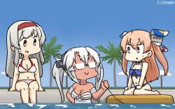 Rule 34 | 3girls, bikini, blue sky, breasts, brown eyes, cleavage, cloud, commentary request, dark-skinned female, dark skin, dated, day, glasses, hair ornament, hair ribbon, hairband, hamu koutarou, headgear, highres, inflatable raft, johnston (kancolle), kantai collection, light brown hair, long hair, medium breasts, multiple girls, musashi (kancolle), musashi kai ni (kancolle), one-hour drawing challenge, outdoors, palm tree, poolside, red hair, ribbon, sarashi, shoukaku (kancolle), silver hair, sky, swimsuit, tree, twintails, two side up, white bikini, x navel