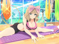 Rule 34 | 1girl, ass, bow, bra, breasts, brown hair, cleavage, flexible, green eyes, hair bow, haruka (senran kagura), indoors, large breasts, leaning forward, looking at viewer, official art, on floor, pink bow, pink bra, pink footwear, senran kagura, senran kagura shoujo-tachi no shin&#039;ei, shoes, shorts, sitting, smile, sneakers, socks, solo, split, sports bra, spread legs, stomach, stretching, sweat, thighs, underwear, yaegashi nan, yoga, yoga mat