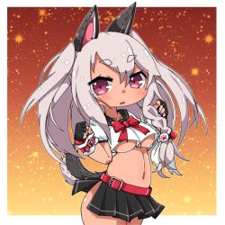 Rule 34 | 1girl, animal ears, azur lane, black skirt, blouse, bow, bowtie, braid, breasts, crop top, eyebrows, eyes visible through hair, fake animal ears, gradient background, hair between eyes, legs together, long hair, medium breasts, miniskirt, multicolored nails, nail polish, no bra, odabuts, orange background, outline, outside border, pink eyes, pleated skirt, red bow, red bowtie, school uniform, serafuku, shirt, side braid, silver hair, single braid, skirt, solo, standing, stomach, tail, thick eyebrows, transparent background, two side up, underboob, white outline, white shirt, wolf ears, wolf tail, yuudachi (azur lane)