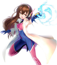 Rule 34 | 1girl, adapted costume, blue gloves, bodysuit, boots, breasts, breasts apart, brown eyes, brown hair, coat, commentary, cowboy shot, d.va (overwatch), ehart, facepaint, facial mark, fang, gloves, hair between eyes, hands up, headphones, holding, holding weapon, leg up, long hair, long sleeves, looking away, matching hair/eyes, medium breasts, open clothes, open coat, open mouth, overwatch, overwatch 1, pilot suit, pink footwear, ribbed bodysuit, simple background, skin tight, solo, standing, standing on one leg, thigh boots, thighhighs, turtleneck, weapon, whisker markings, white background, white coat