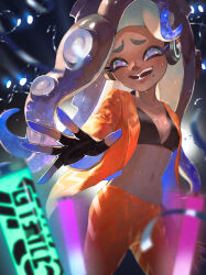 Rule 34 | 1girl, air bubble, aqua eyes, black bra, black gloves, blue hair, bra, breasts, brown hair, bubble, cephalopod eyes, cleavage, commentary, dark-skinned female, dark skin, fangs, fingerless gloves, gloves, glowstick, gradient hair, headphones, highres, jacket, long hair, marina (splatoon), midriff, mole, mole under mouth, multicolored hair, navel, nintendo, octoling, open clothes, open jacket, open mouth, orange jacket, orange pants, pants, penlight (glowstick), reaching, reaching towards viewer, sizu, small breasts, solo, splatoon (series), splatoon 3, suction cups, sweat, symbol-only commentary, tentacle hair, twitter username, two-tone hair, underwear