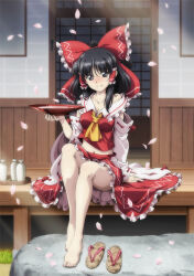 Rule 34 | 1girl, alcohol, barefoot, black hair, bottle, bow, breasts, cleavage, commentary request, cup, detached sleeves, frilled bow, frilled hair tubes, frills, hair bow, hair tubes, hakurei reimu, holding, holding cup, legs, long hair, looking at viewer, lunamoon, medium breasts, midriff, navel, off shoulder, red bow, sakazuki, sandals, shoes, sitting, smile, solo, tabi, touhou, unworn sandals, unworn shoes, white sleeves, zouri