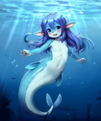 Rule 34 | 1girl, air bubble, blue eyes, blue hair, blue theme, blush, breasts, bubble, caustics, claws, colored skin, commentary, english commentary, erishu (sinelesh), fangs, fewer digits, fins, fish, furry, furry female, highres, light rays, long hair, mermaid, monster girl, multicolored skin, navel, no nipples, ocean, open mouth, original, pawpads, small breasts, solo, sunlight, twitter username, two-tone skin, underwater