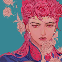 Rule 34 | 1boy, alternate color, androgynous, ashva, earrings, flower, giorno giovanna, highres, jewelry, jojo no kimyou na bouken, long hair, male focus, pink eyes, pink hair, pink lips, rose, simple background, upper body
