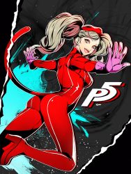 Rule 34 | 10s, 1girl, ass, blonde hair, blue eyes, bodysuit, breasts, cat tail, catsuit, earrings, eu (euspia), from behind, high heels, jewelry, large breasts, mask, outstretched arms, persona, persona 5, smile, solo, tail, takamaki anne, twintails