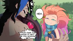 Rule 34 | 1boy, 1girl, absurdres, angry, anya&#039;s heh face (meme), artist name, bare arms, bare shoulders, black hair, blue hair, blue shirt, blush, crop top, english text, green scarf, grin, heterochromia, highres, instagram logo, kayn (league of legends), league of legends, long hair, looking at another, meme, multicolored hair, navel, odeko yma, open mouth, patreon logo, pink hair, scarf, shirt, smile, stomach, striped clothes, striped scarf, teeth, twitter logo, two-tone hair, watermark, zoe (league of legends)