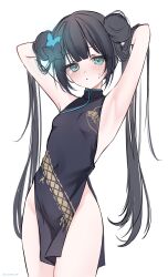 Rule 34 | 1girl, absurdres, acedia, armpits, black dress, black hair, blue archive, blush, breasts, butterfly hair ornament, closed mouth, covered navel, cowboy shot, double bun, dress, grey background, grey eyes, hair bun, hair ornament, highres, kisaki (blue archive), long hair, looking at viewer, no halo, simple background, sleeveless, sleeveless dress, small breasts, solo, twintails, twitter username