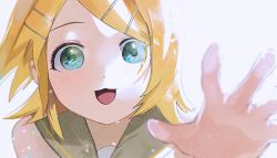 Rule 34 | 1girl, :3, absurdres, bare shoulders, black sailor collar, blonde hair, blue eyes, blurry, blush, bright pupils, depth of field, dot nose, dotori (seulseul), hair ornament, hairclip, hand up, highres, kagamine rin, long hair, looking at viewer, open mouth, outstretched arm, sailor collar, simple background, smile, solo, straight hair, swept bangs, upper body, vocaloid, white background
