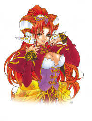 Rule 34 | 1girl, breasts, bustier, cleavage, corset, earrings, fingernails, game arts, grandia, grandia ii, hair ornament, highres, jewelry, kanoe youshi, large breasts, long fingernails, long hair, long sleeves, marker (medium), millenia (grandia), nail polish, official art, red hair, red nails, see-through, solo, traditional media, very long hair