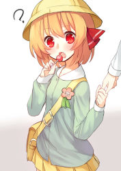 Rule 34 | 1girl, :o, ?, alternate costume, bag, blonde hair, blush, candy, child, eyebrows, fang, flower, food, gradient background, hair ribbon, hat, highres, holding, holding food, holding hands, kindergarten bag, kindergarten uniform, lollipop, long sleeves, looking at viewer, miniskirt, open mouth, out of frame, pleated skirt, red eyes, ribbon, rumia, sh (shinh), shoulder bag, simple background, skirt, solo focus, touhou, white background, yellow hat, yellow skirt