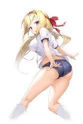 Rule 34 | ass, bad id, bad pixiv id, blonde hair, blue buruma, breasts, buruma, from behind, gym uniform, headband, highres, kneehighs, kneepits, legs, long hair, looking back, midriff, open mouth, original, outstretched arms, red eyes, rekareka, shirt, simple background, socks, solo, thighs, white background, white socks, white shirt