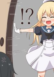 Rule 34 | 2girls, anger vein, asashio (kancolle), black neckerchief, blonde hair, blue sailor collar, closed eyes, comiching, commentary request, cowboy shot, dress, gloves, hat, highres, jervis (kancolle), kantai collection, multiple girls, neckerchief, sailor collar, sailor dress, sailor hat, sliding doors, solo focus, white dress, white gloves, white headwear