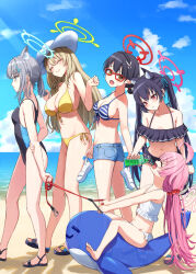 Rule 34 | 5girls, ^ ^, ahoge, animal ears, ayane (blue archive), ayane (swimsuit) (blue archive), barefoot, beach, bikini, black bikini, black footwear, black hair, black one-piece swimsuit, blonde hair, blue archive, blue eyes, blue halo, blue ribbon, blue shorts, blue sky, bottle, breasts, brown eyes, closed eyes, closed mouth, cloud, collarbone, commentary request, cross hair ornament, day, drinking, flat chest, frilled bikini, frills, glasses, green halo, grey hair, hair ornament, hair ribbon, halo, higashiharakuni, holding, holding bottle, holding clothes, holding footwear, hoshino (blue archive), hoshino (swimsuit) (blue archive), inflatable toy, inflatable whale, large breasts, legs, long hair, looking at another, medium breasts, multiple girls, navel, nonomi (blue archive), nonomi (swimsuit) (blue archive), ocean, one-piece swimsuit, open mouth, outdoors, pink hair, pink halo, pointy ears, red-framed eyewear, red eyes, red halo, ribbon, sand, sandals, serika (blue archive), serika (swimsuit) (blue archive), shiroko (blue archive), shiroko (swimsuit) (blue archive), shorts, side-tie bikini bottom, sky, small breasts, smile, soles, striped bikini, striped clothes, swimsuit, toes, twintails, walking, white bikini, white footwear, white halo, yellow bikini