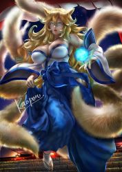 Rule 34 | 1girl, animal ears, bare shoulders, blonde hair, blue eyes, breasts, commission, detached sleeves, energy ball, fox ears, fox girl, fox tail, glasses, hair between eyes, hakama, hip vent, japanese clothes, kaopon, kitsune, kyuubi, large breasts, looking at viewer, multiple tails, nontraditional miko, original, parted lips, skeb commission, solo, tabi, tail, wavy hair, wide sleeves