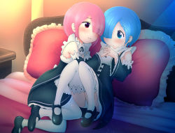 Rule 34 | 2girls, absurdres, bed, blue hair, highres, lying, multiple girls, nightstand, pillow, pink hair, qkracho (thesdroz)